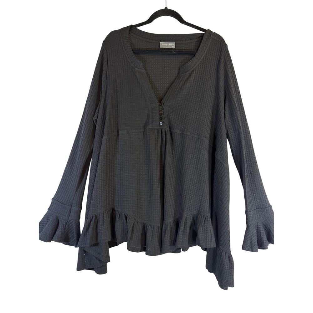 Sweet Lovely by Jen Womens 3XL Black Waffle Knit Ruffle Babydoll Tunic Top